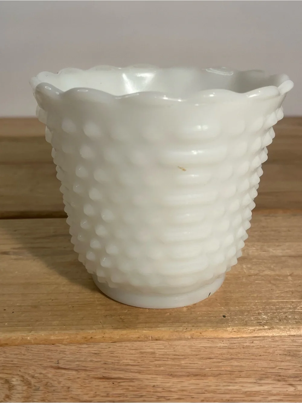 Vintage Fire King Milk Glass Hobnail & Bars Planter Vase Oven Ware 4.5” USA.